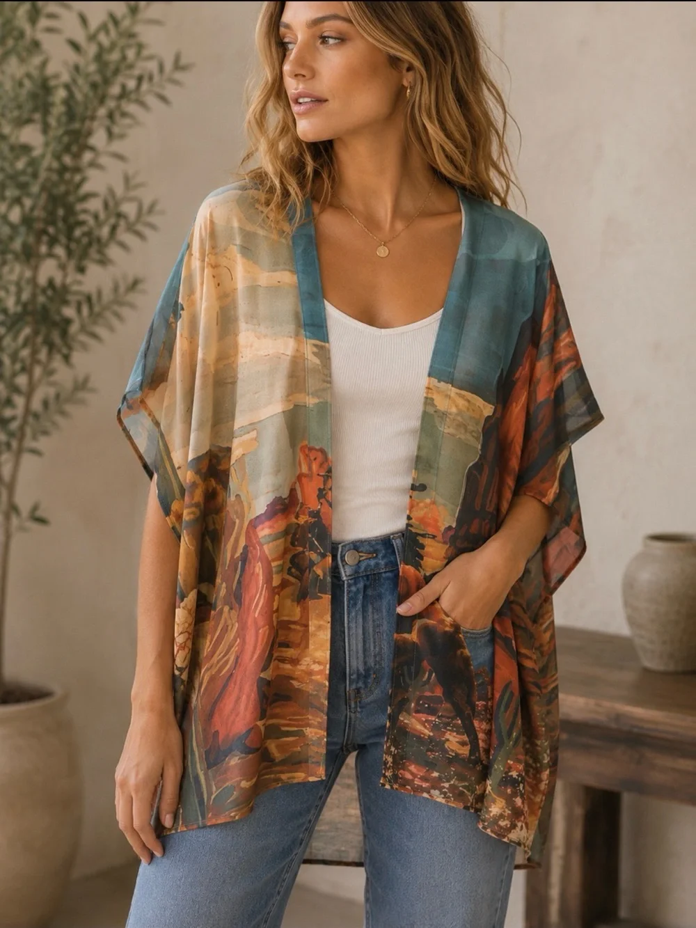 Lucky & Blessed Western Kimono Duster Cowboy Print Sheer Size Small - Picture 2 of 4